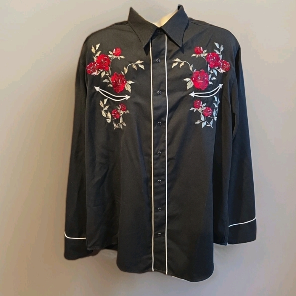 Vintage Roper Black Shirt with Red Floral Embroidery